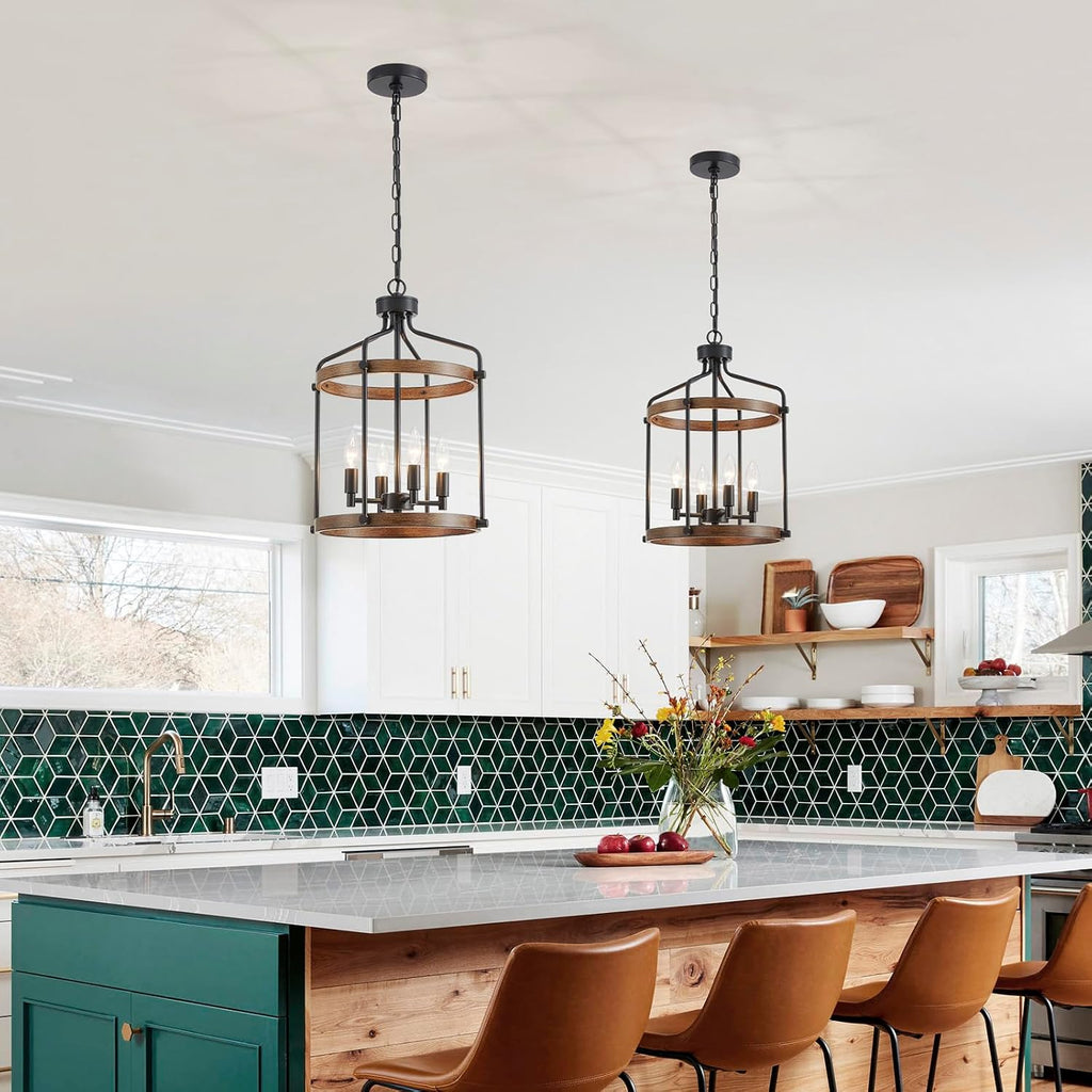 Modern Black Chandelier, 4-Light Farmhouse Dining Room Light Fixture Over Table, Muted Black with Retro Wood Texture Shade, Rustic Cage Hanging Pendant Lighting for Hallway Entryway Kitchen Bedroom