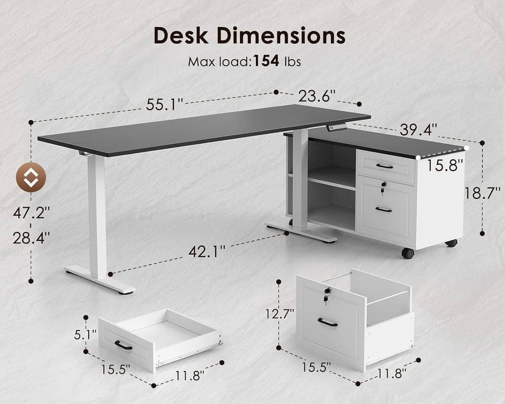OffiGo 55 Inch L Shaped Electric Standing Desk with Drawers & File Cabinet Sets, Executive Sit Stand Desk, Height Adjustable Computer Desk for Home Office, Writing, Workstation, Black+White