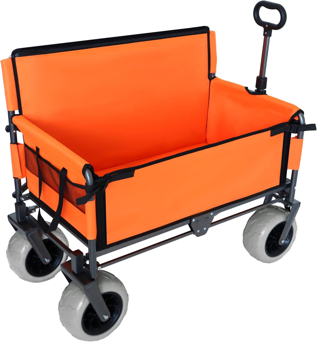 3-in-1 Folding Wagon with Bench Seat – 500lbs Capacity,Reinforced Carbon Steel Frame, 180L Cargo Space– Perfect for Camping, Beach, Outdoor Events & Heavy-Duty Hauling (Orange)