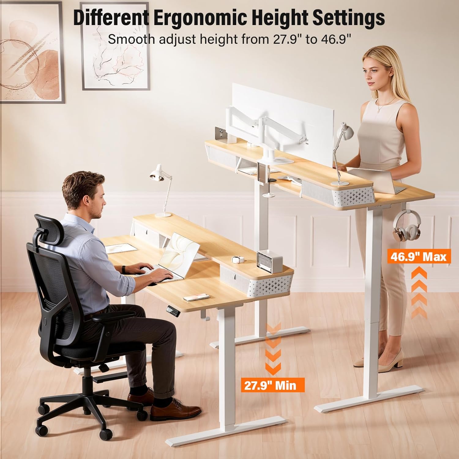 Kingant 35 x 20 Inch Small Electric Standing Desk with Dual Drawers, Height Adjustable Sit to Stand Computer Desk with Storage Shelf and C-Clamp Mount Compatibility for Home Office, Nature