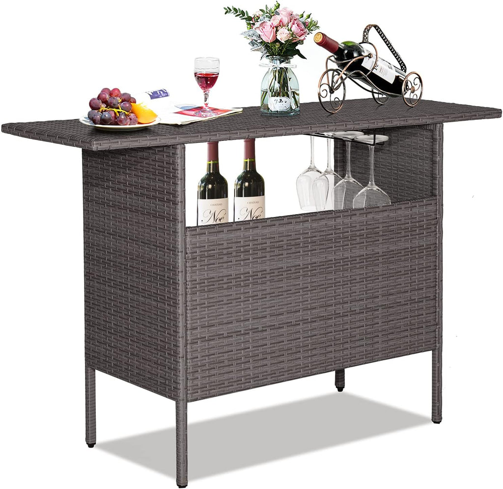 Giantex Outdoor Patio Wicker Bar Table, 2 Storage Shelves, 55''W Tabletop, Rails for Hanging Wine Glasses, Heavy-Duty Metal Frame, Bistro Rattan Bar Counter Table for Poolside Backyard (Mix Gray)
