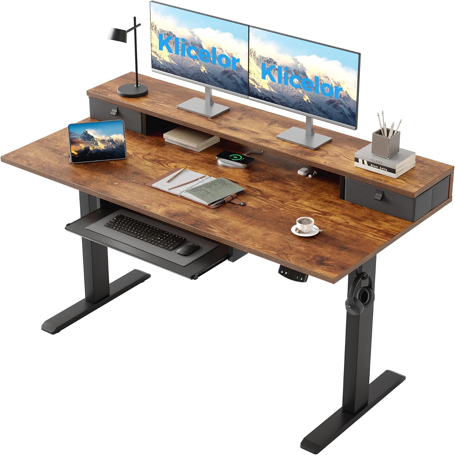 Klicelor 63 x 23.6 Inch Electric Standing Desk with Drawers, Adjustable Height Small Sit Stand Desk for Home Office, Compact Computer Workstation with Storage– Rustic Brown
