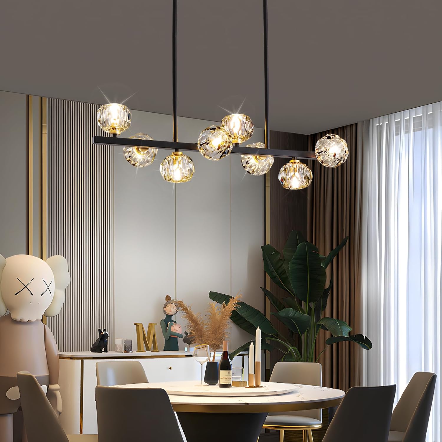 Modern Crystal Chandelier Dining Room Light fixtures Black Chandeliers with Crystal Ball Shade 8-Lights Industrial Globe Hanging Pendant Lighting for Kitchen Island,Living Room,Dining Room