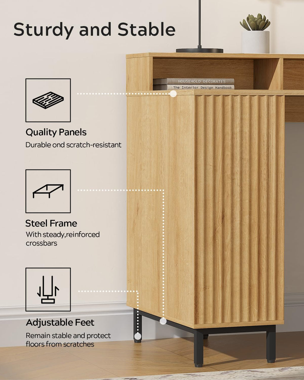 EYYTHUNG Fluted Executive Desk with Charging Station, 55' Modern Wood Office Desk with Monitor Stand & File Drawer, Home Writing Study Computer Table for Work Study, Natural Oak