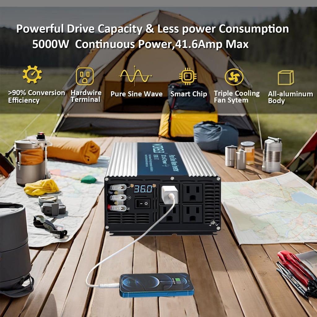 WZRELB 5000W Pure Sine Wave Inverter 36V DC to 110V 120V AC with LED Display,Remote Controller,Off-Grid Power Converter 10000W Surge with 4 AC Outlets, Hardwire Terminal for Home, RV, Truck, Camping