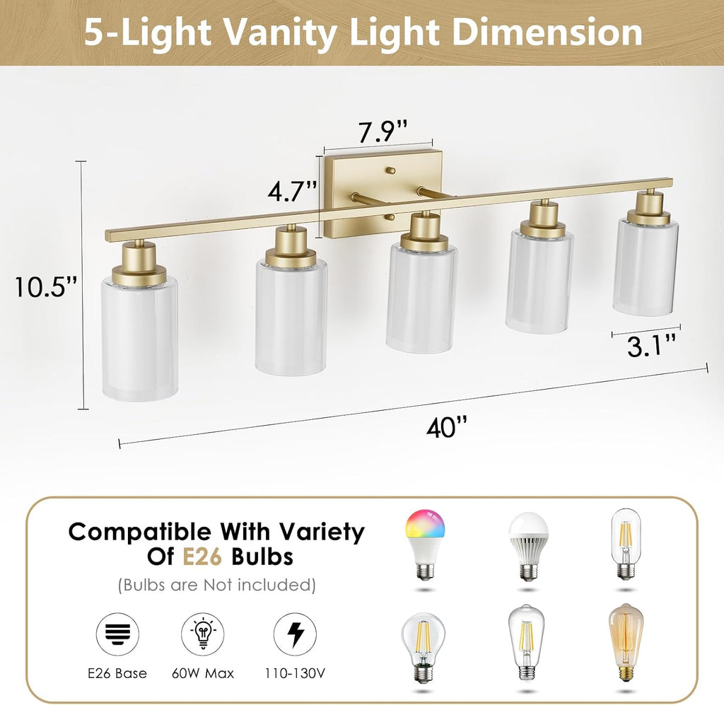 Jonsi Bathroom Vanity Light 5-Light Gold Vanity Lights 40' Bathroom Light Fixtures Over Mirror with Double Clear Glass Modern Wall Sconces for Living Room Hallway Bedroom