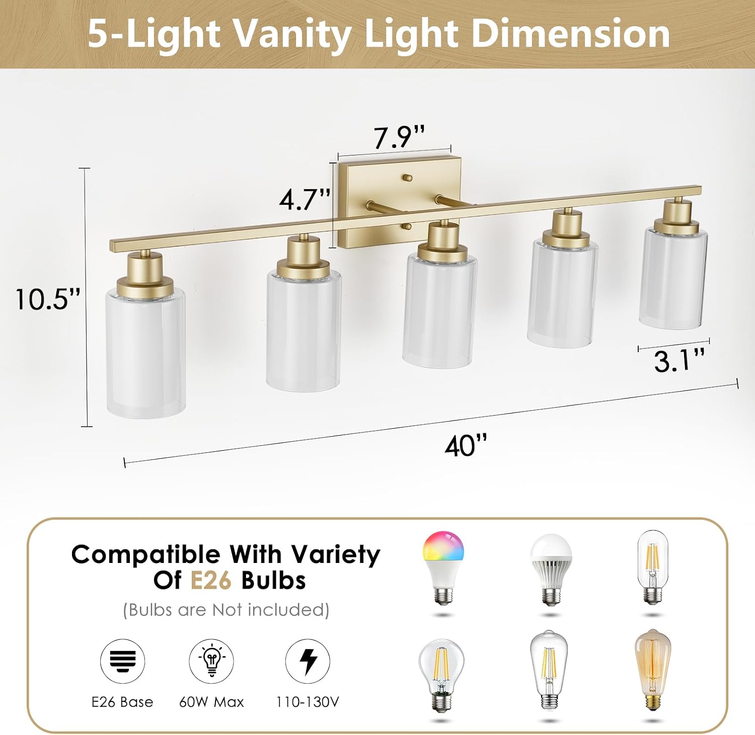 Jonsi Bathroom Vanity Light 5-Light Gold Vanity Lights 40' Bathroom Light Fixtures Over Mirror with Double Clear Glass Modern Wall Sconces for Living Room Hallway Bedroom