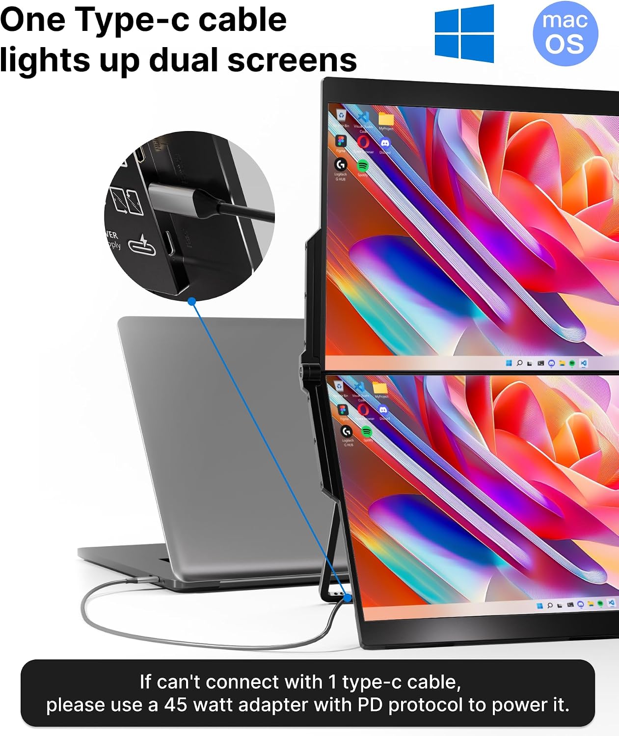 Ingnok Dual 15.6' & 18.5 inch Laptop Screen Extender with 4 Speakers, Mini HDMI and Type-C Ports Ensure Easy Plug-and-Play with laptops, PCs, and Mini PCs