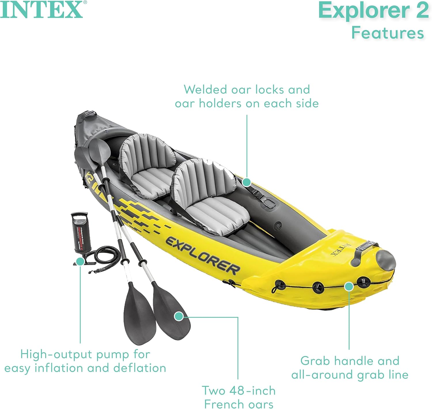 INTEX 68307EP Explorer K2 Inflatable Kayak Set: Deluxe 86in Kayak Paddles and High-Output Pump – Adjustable Seats with Backrest – Removable Skeg – 2-Person – 400lb Weight Capacity, 2 Pack