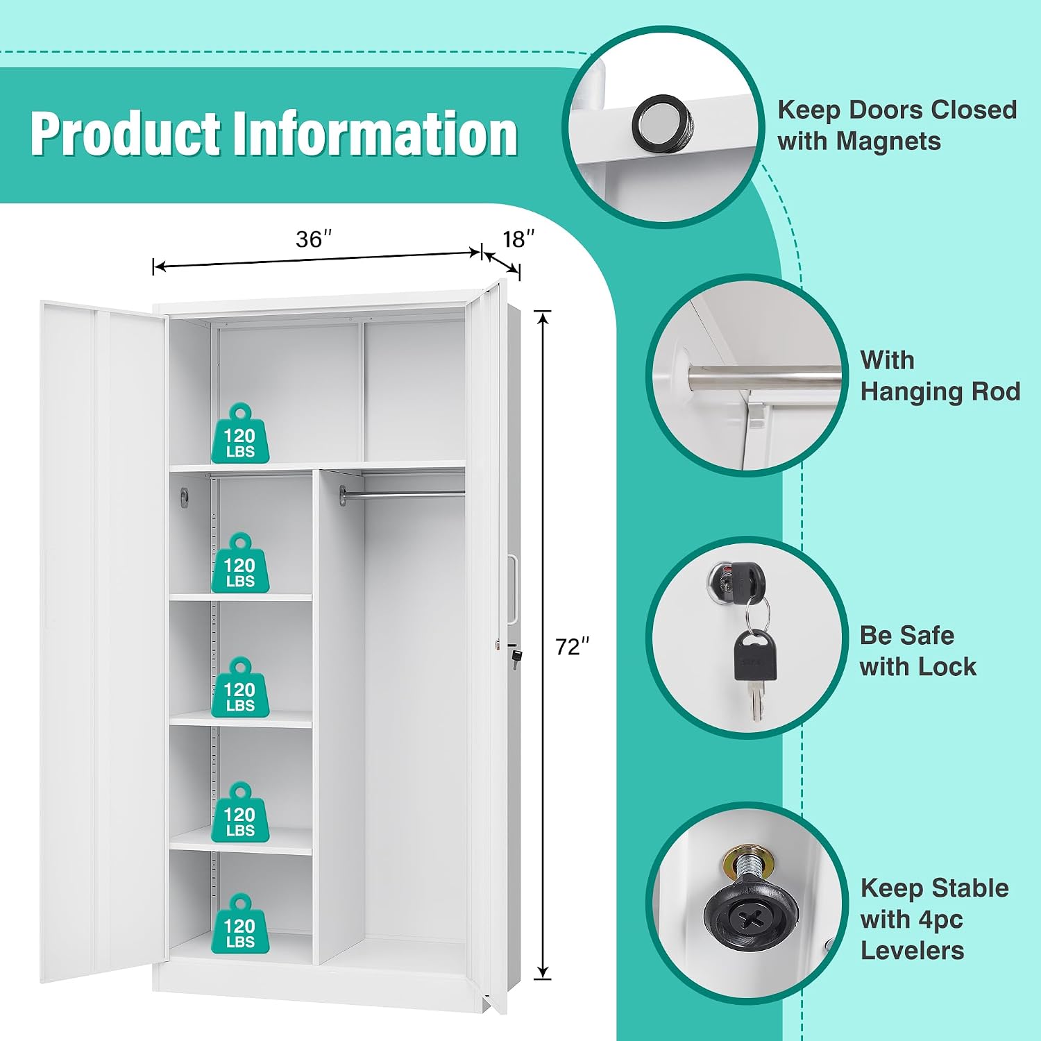 Wide & Deep Metal Storage Cabinet with Hanging Rod,White Broom Closet Storage Cabinet with Lock,72' Tall Wardrobe Cabinets with Doors and Shelves,Locking Steel Tool Cabinets for Home,Office,Garage
