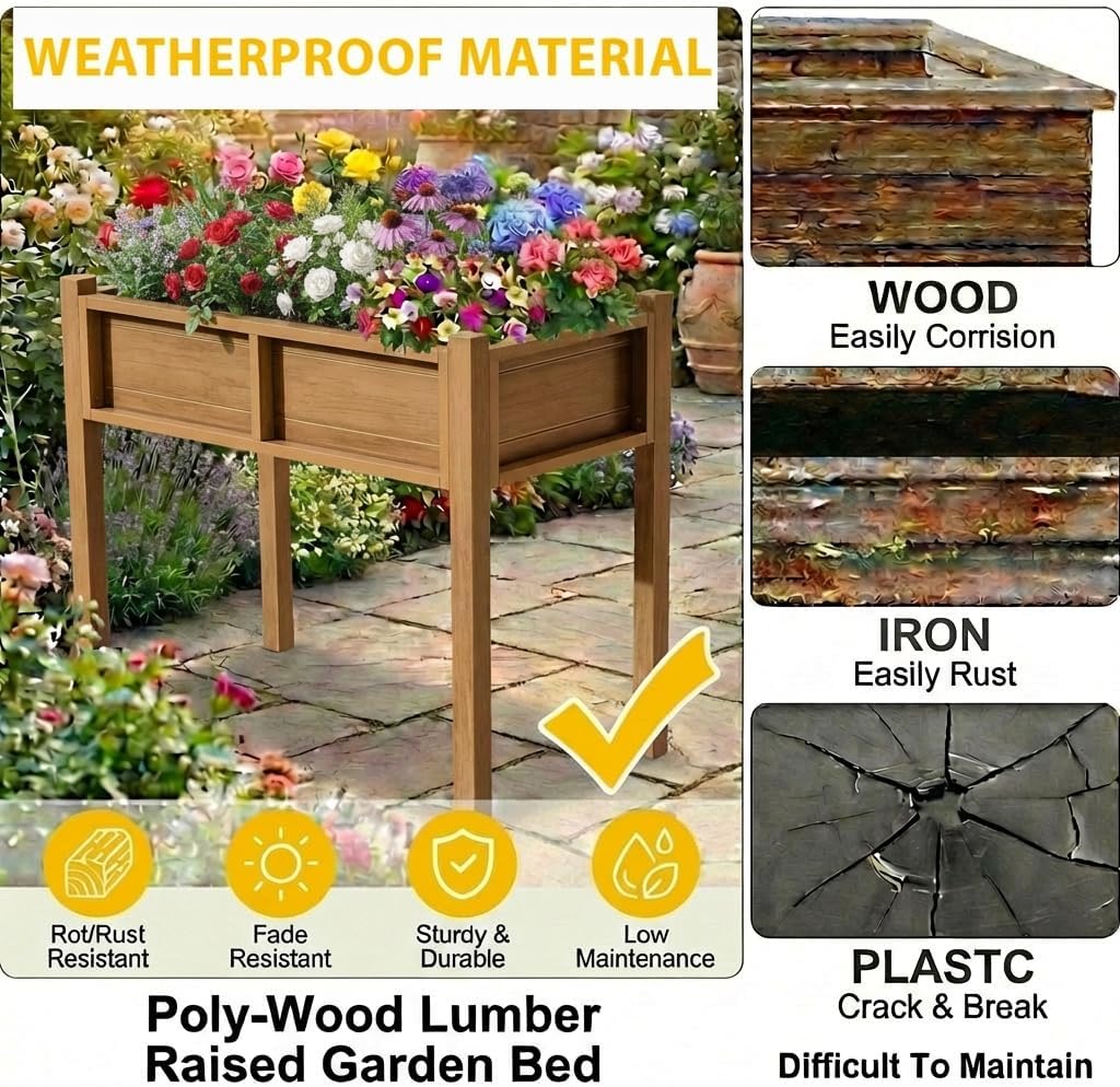 DWVO Raised Garden Bed HDPE with Legs Poly-Wood Weatherproof Elevated Planter Box Outdoor with Drainage System Patio Planters for Herbs Vegetables Flowers Plant Bed for Garden Balcony Backyard, Teak
