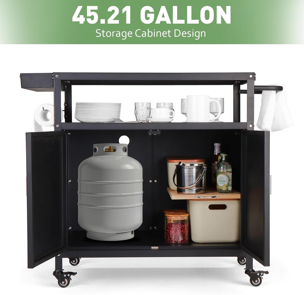 Outdoor Grill Cart with Storage Cabinet, Pizza Oven Stand Table with Wheels for Outside, Patio, Kitchen, Movable Outdoor Food Prep Table for Grill, BBQ