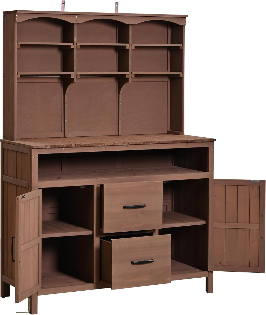 45.3''L Large Fir Wood Potting Bench, Counter Height Outdoor Patio Kitchen Island with Large Countertop, Hutch, Cabinets, Drawers & Hooks, Adjustable Shelf, Wavy Decoration Roof (Brown/103)