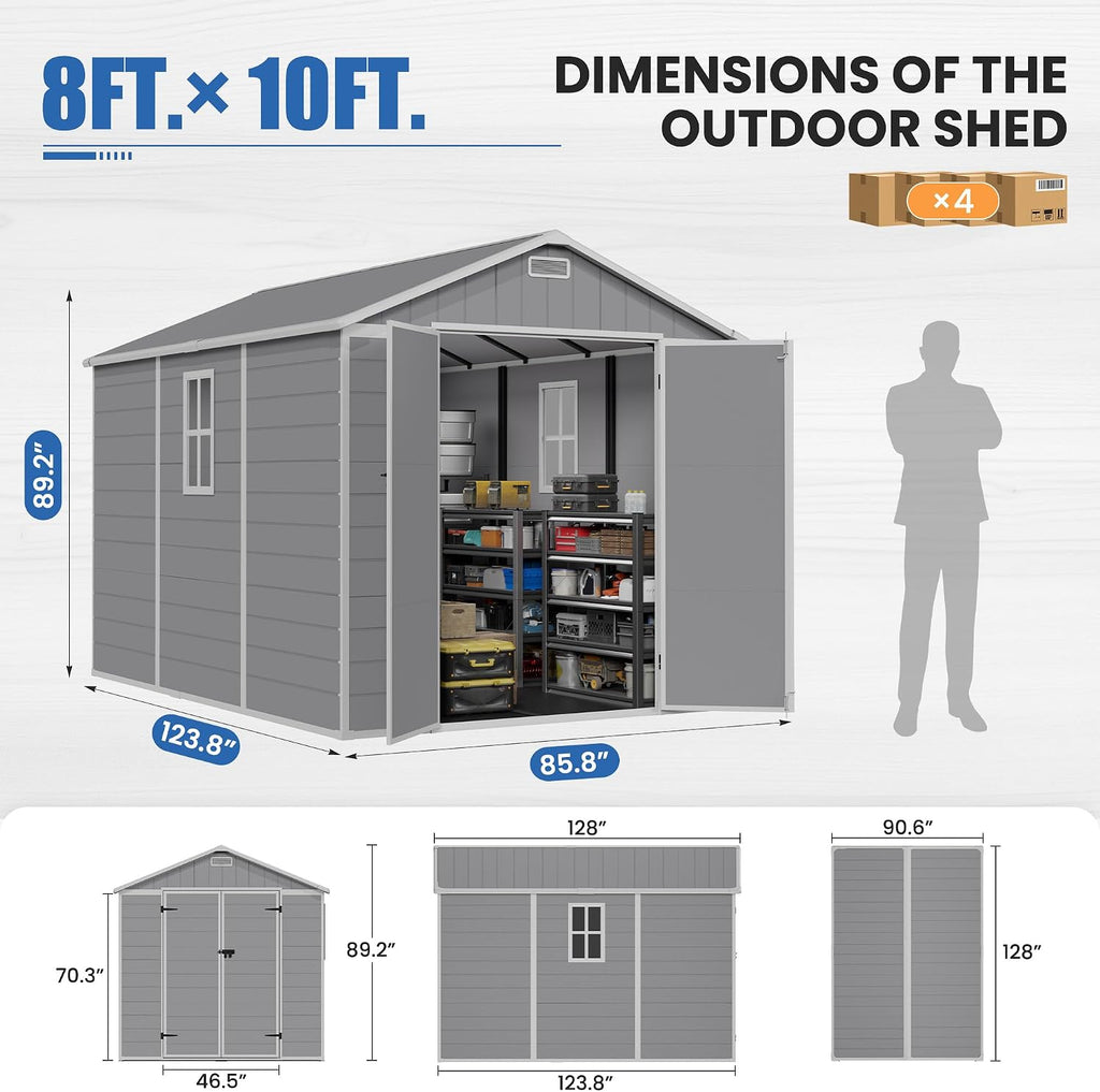 Amopatio 8x10 FT Outdoor Resin Shed,Storage Shed with Floor Included, Plastic Sheds Outdoor Storage for Bike, Garden Tools, Sheds & Outdoor Storage with Lockable Door, Window & Vents, Grey & White