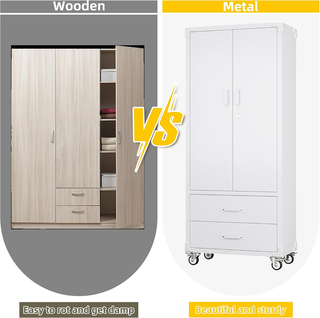 Reemoon Garage Storage Cabinet with 2 Drawers and Pegboard, Metal Storage Cabinet with 2 Lockable Doors for Garage Home Warehouse,Required Assembly,White,71.2' H*15.2' D*30' W