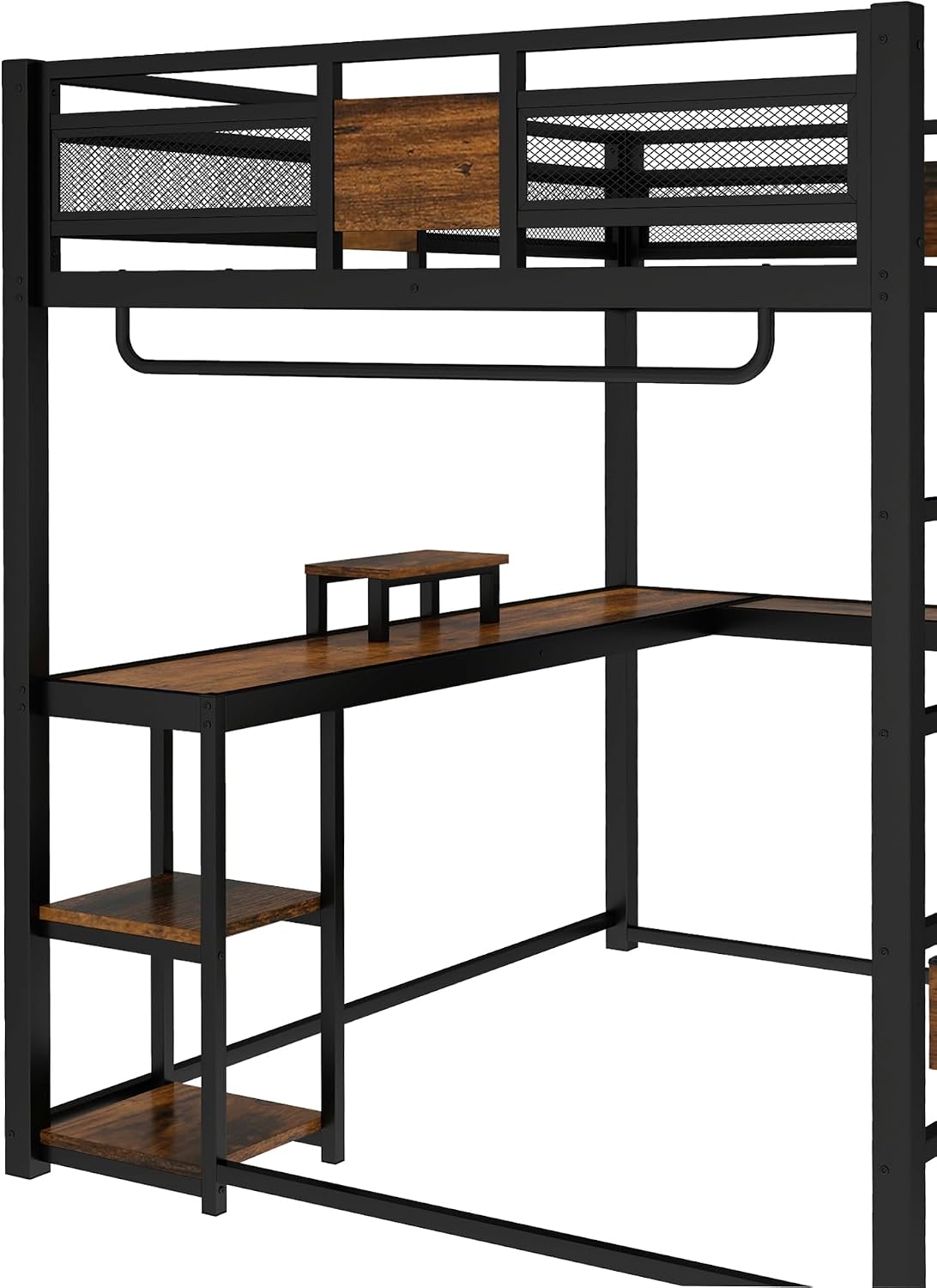 Bellemave Queen Loft Bed with Storage Drawers and L-Shaped Desk, Metal Loft Bed Frame with Computer Monitor Stand, Hang Rod, and Multi-Function Shelves, Loftbed with Noise-Free Design, Black
