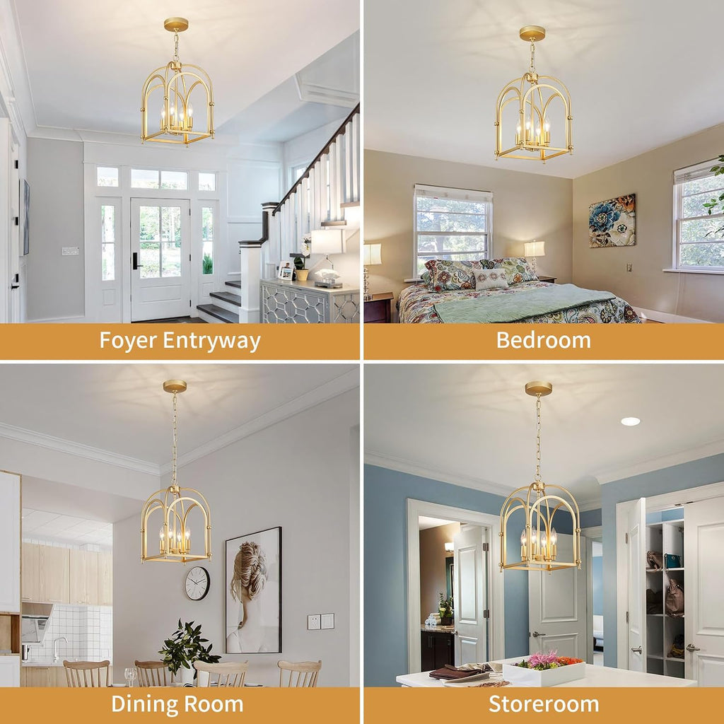 4-Light Gold Chandelier, Modern Farmhouse Lantern Chandelier with Rustic Cage Hanging Pendant Light Fixture for Kitchen Island Bedroom Living Room Entryway Foyer, Dining Room Light Fixtures Over Table