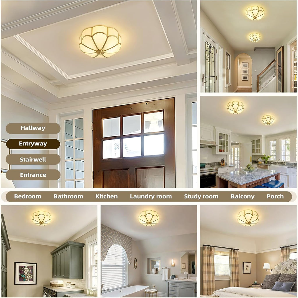 Gold Vintage Brass Ceiling Light - Small 11.8 Inch Milk Glass Mid Century Flush Mount Lighting Fixtures - Art Deco Antique Modern Lamp for Hallway Bedroom Kitchen Entryway Laundry Foyer Bathroom Hall