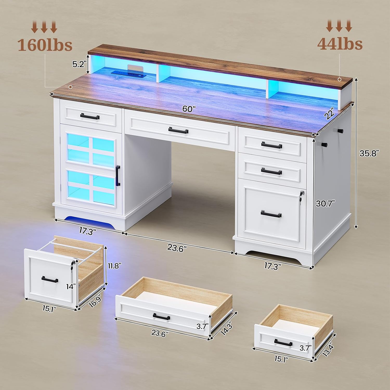 UPOSOJA 60'' Farmhouse Executive Desk with Drawers, Home Office Desk with Power Outlet & LED Light, Wood Computer Desk with Monitor Stand, Locking File Drawer, Glass Storage Cabinet, Hooks, White