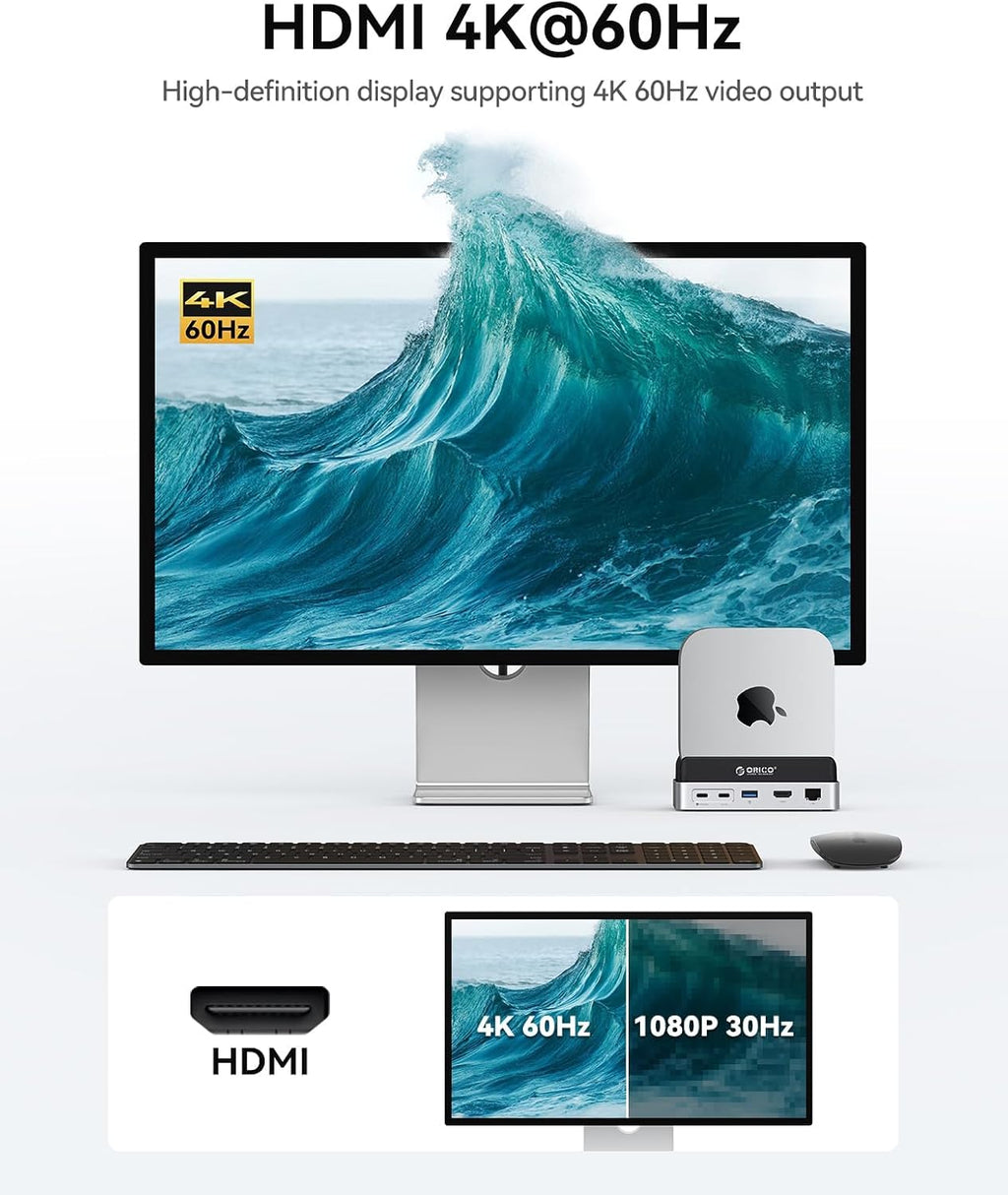 ORICO MiniDock and Stand Compatibility with Mac mini M4, 9-in-1 Aluminum Hub with 4TB NVMe M.2 SSD, 10Gbps USB-C & USB-A,5Gbps USB-A,4K HDMI, Gigabit Ethernet, SD/TF Card Readers,Type-C(PD3.0)