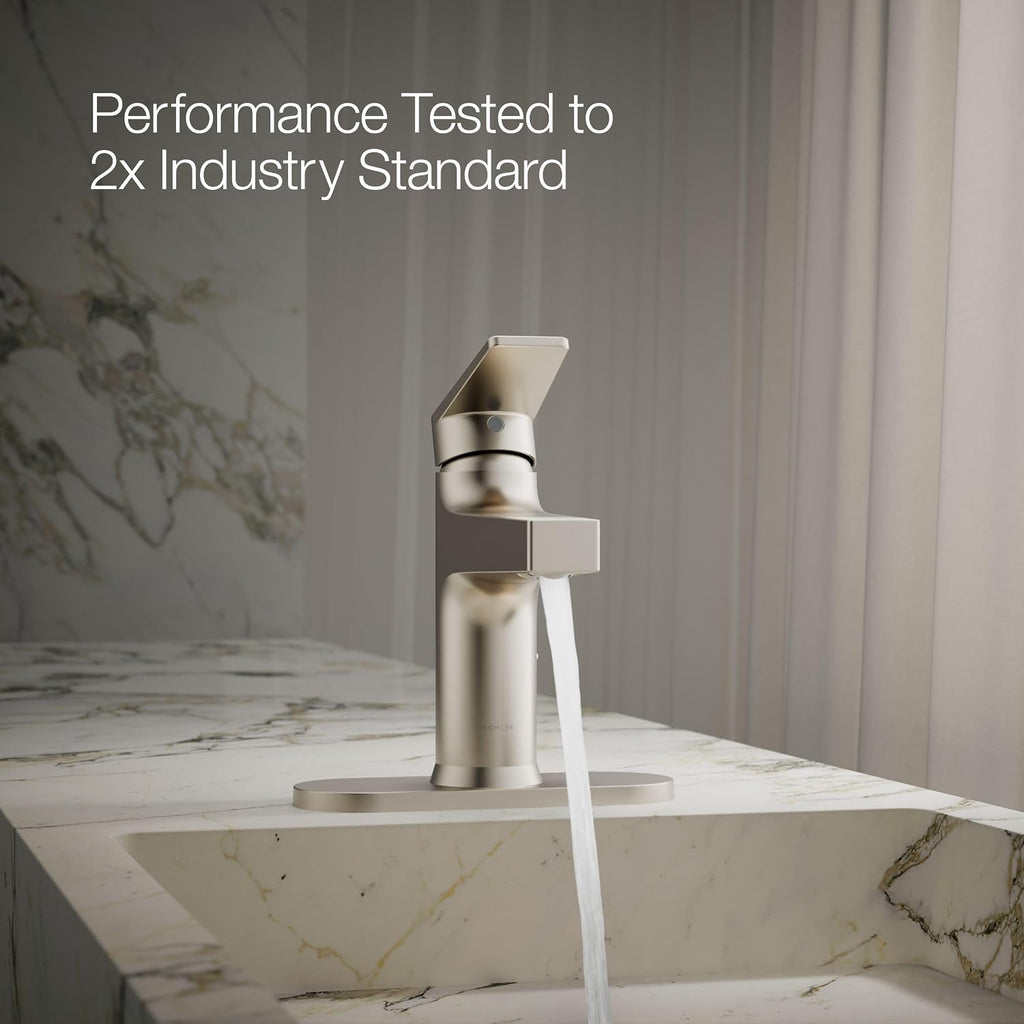 KOHLER K-74021-4-BN Taut® Single-Handle Bathroom Sink Faucet, 1.2 GPM, Minimalist Design, Corrosion Resistant, Vibrant Brushed Nickel
