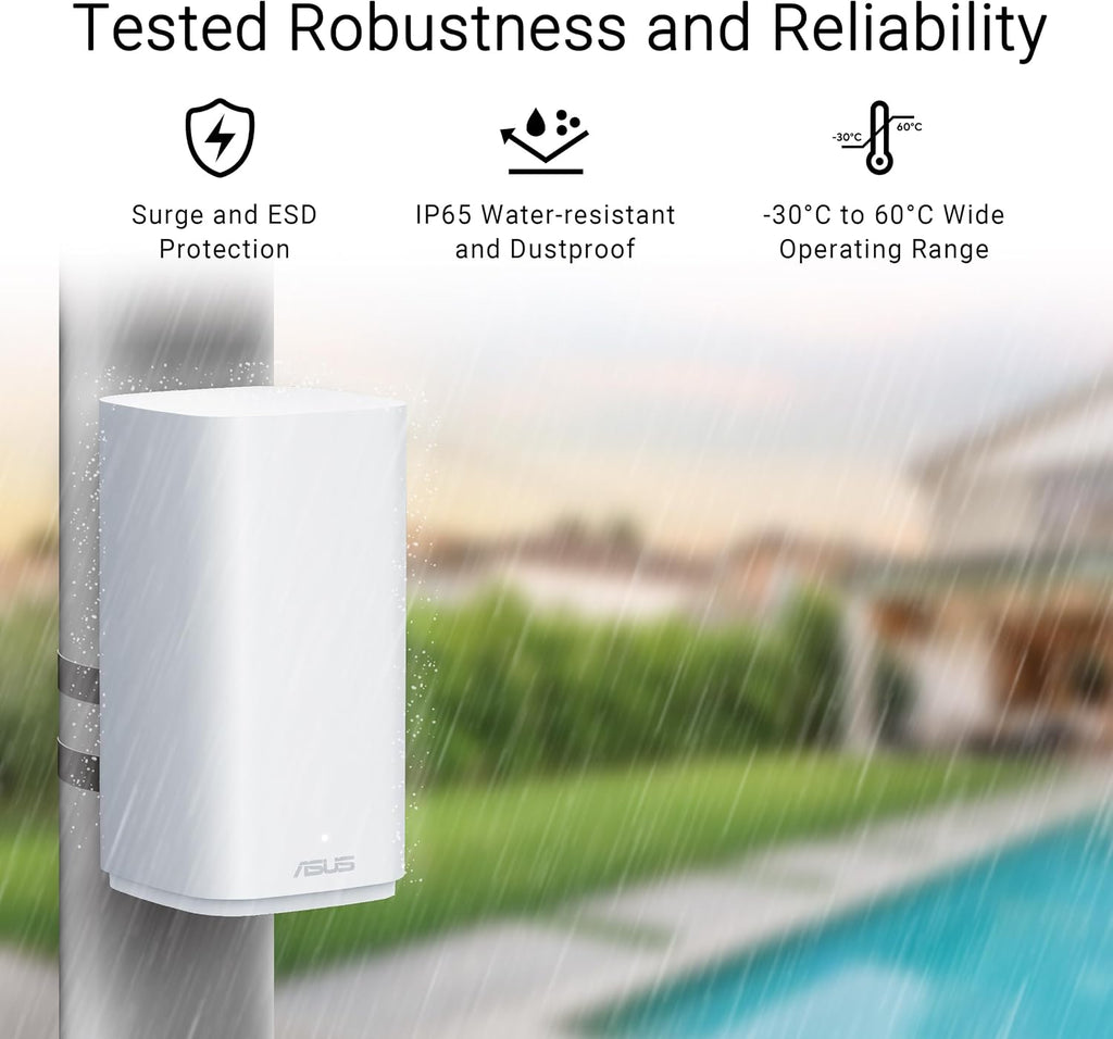 ASUS ZenWiFi BD5 Outdoor Dual-Band WiFi 7 Mesh, 5000 Mbps, Coverage up to 15,000 sq. ft. Outdoors(1pk), Dual 2.5G Ports, IP65, PoE+AC Powered, Wall and Pole Mount, VPNs