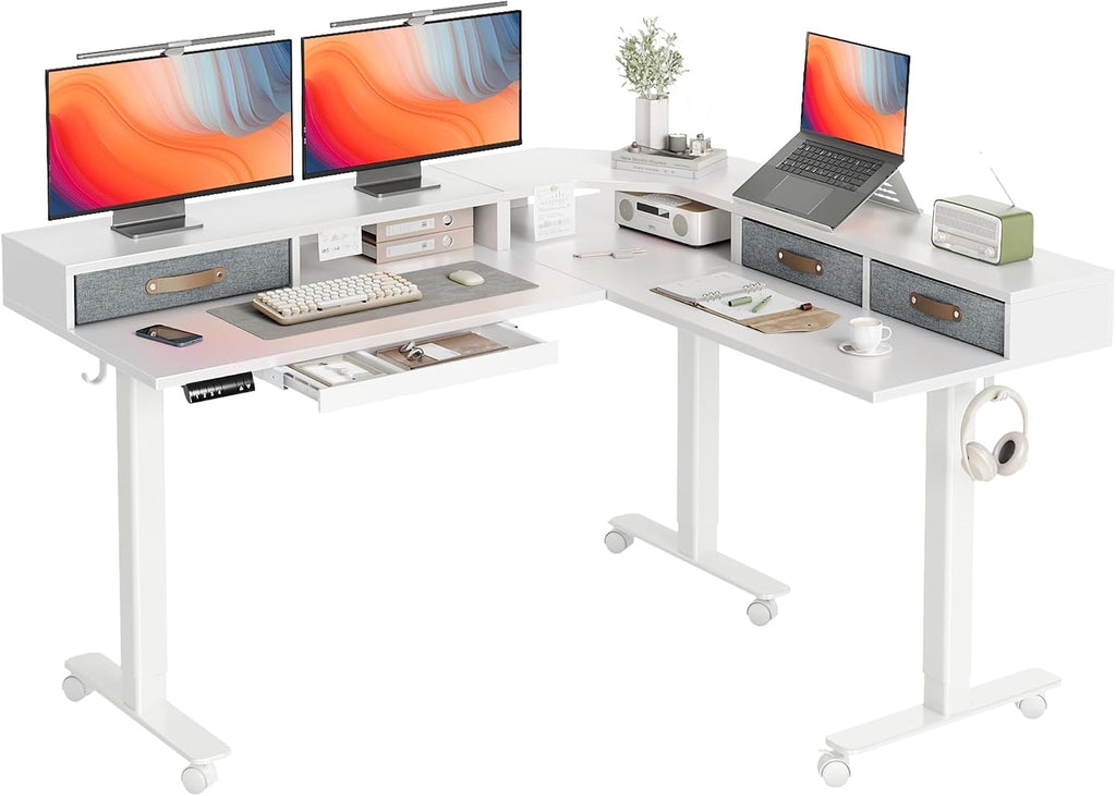 YDN Dual Motor 63' L Shaped Standing Desk with Drawers, Electric Height Adjustable Standing Desk with Monitor Stand & Splice Board, Black