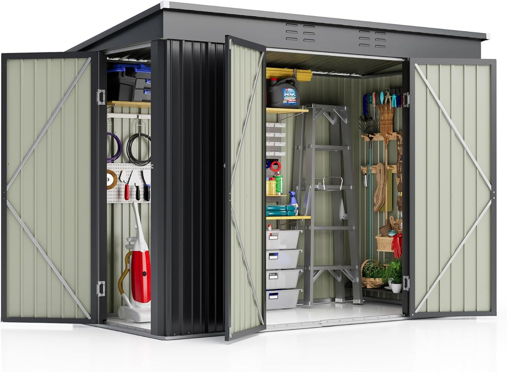 JUMMICO 8x4 FT Outdoor Storage Shed, Heavy Duty Tool Metal Sheds with 3 Lockable Doors and Updated Frame Structure for Backyard Patio Lawn, Black