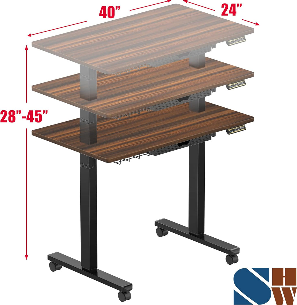 SHW 40-Inch Mobile Electric Height Adjustable Sit to Stand Desk with Drawer, Hanging Hooks and Cable Management, Walnut
