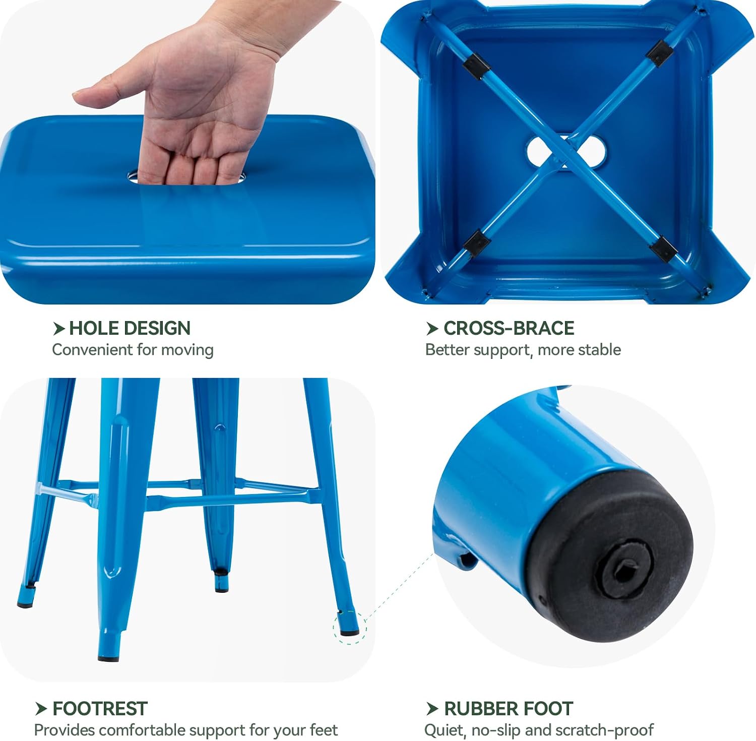 Vogue Furniture Direct 24 Inch Metal Bar Stools, Backless Counter Height Barstools, Indoor Outdoor Stackable Stools with Square Seat, Set of 4 (Blue)