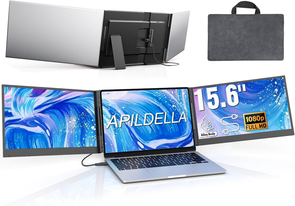 APILDELLA 15.6' Triple Laptop Screen Extender One Cable, 1080P FHD Portable Dual Monitor, Ultra-Slim Travel Monitor Extender for Triple Display on Mac/Windows, Fits 13'-17.3' Laptops（Driver Required）