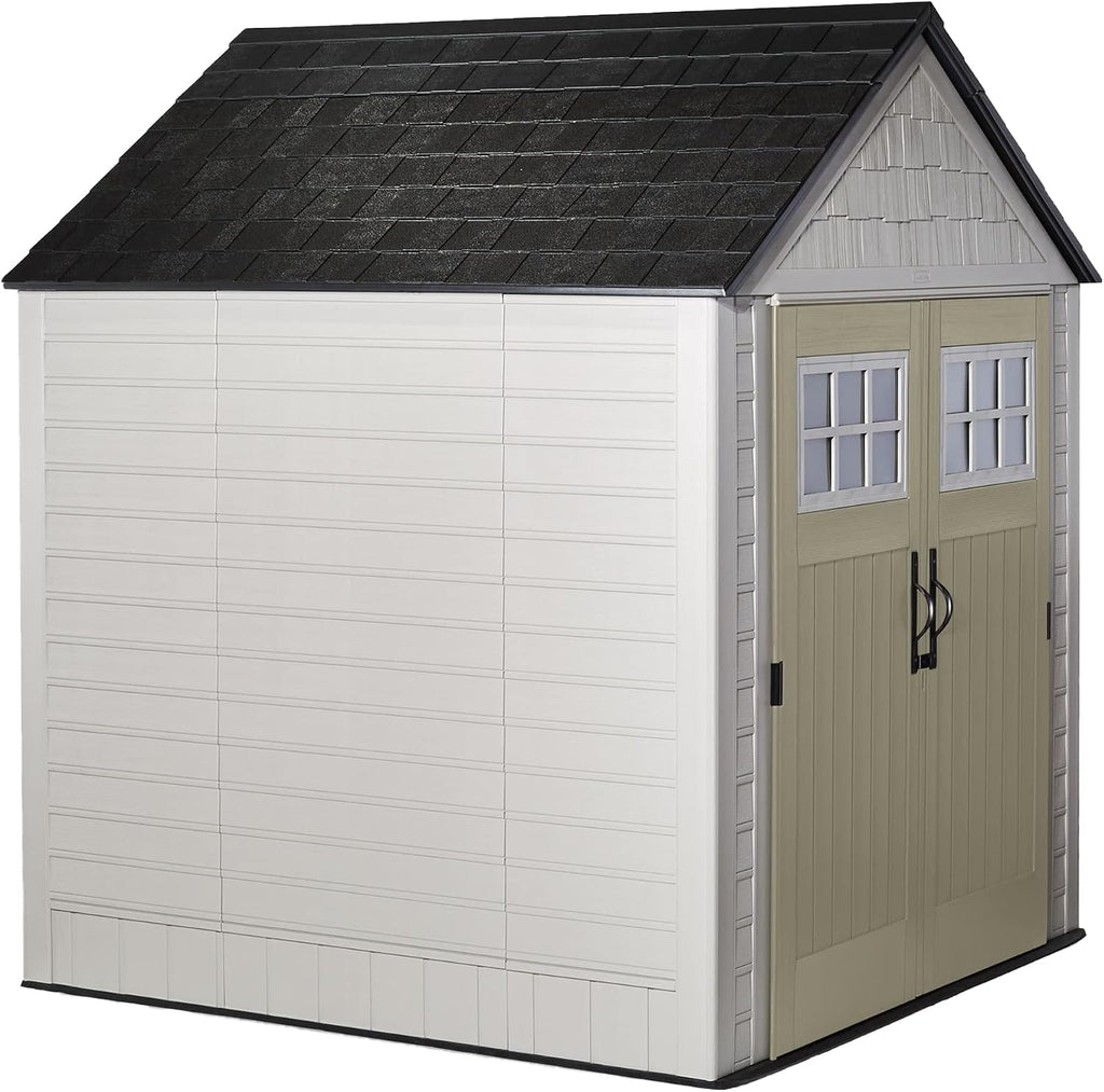 Rubbermaid 7 by 7 Feet Durable Weatherproof Plastic Outdoor Storage Shed for Garden Tool and Lawn Machinery Organization, Sandstone, 2 Pack