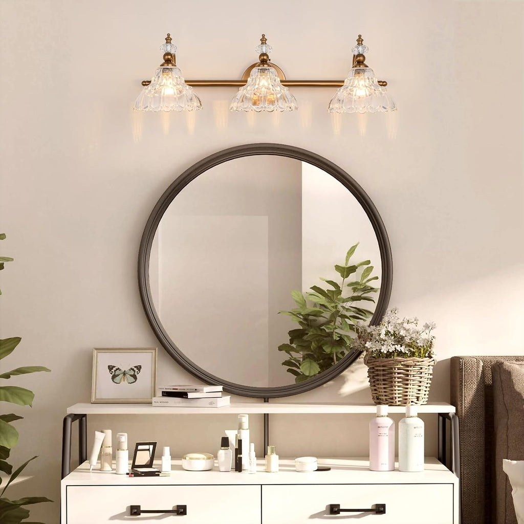 LOUSACE 3-Light Gold Vintage Bathroom Vanity Lights, Antique Brass Bathroom Light Fixture Over Mirror, Retro Brass Vanity Lighting Fixtures with Crystal Glass Shade, Restroom Wall Light Fixture