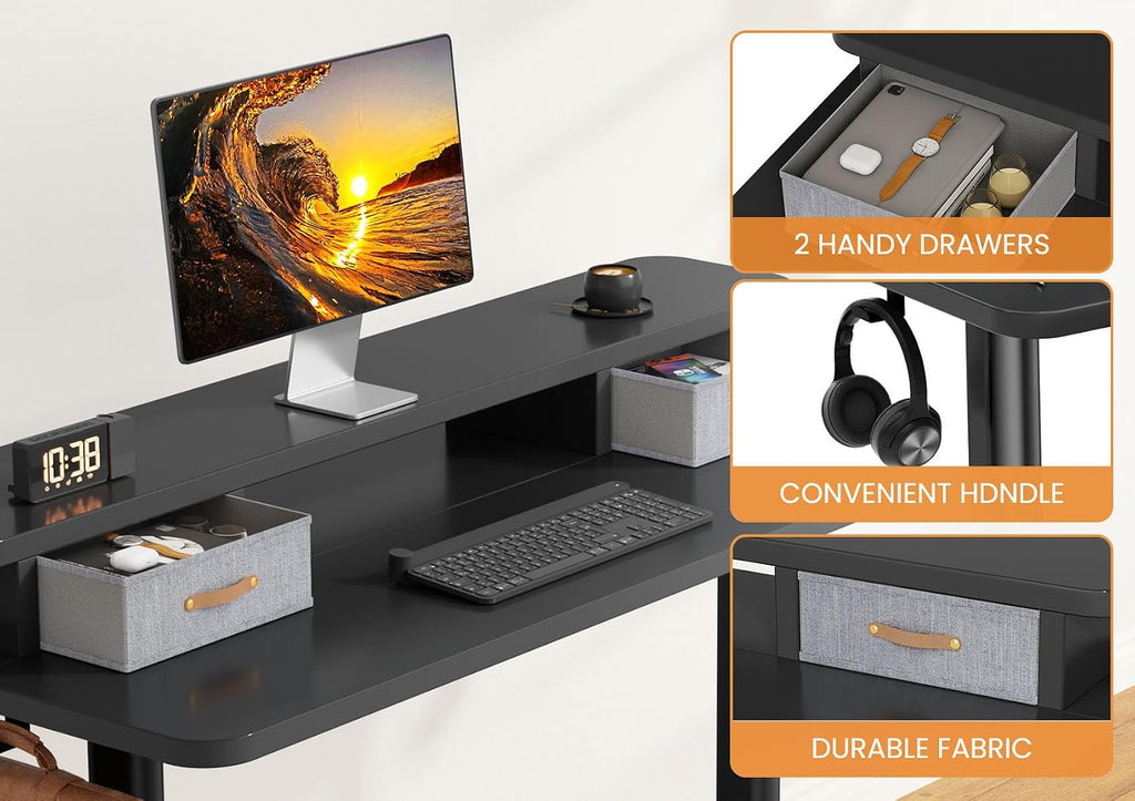Flycity Electric Standing Desk with Dual Drawers, 55' x 24' Height Adjustable Desk Sit Stand Desk with Memory Controller, Casters & 2 Hooks, Ergonomic Low Noise Home Office Desk, Black
