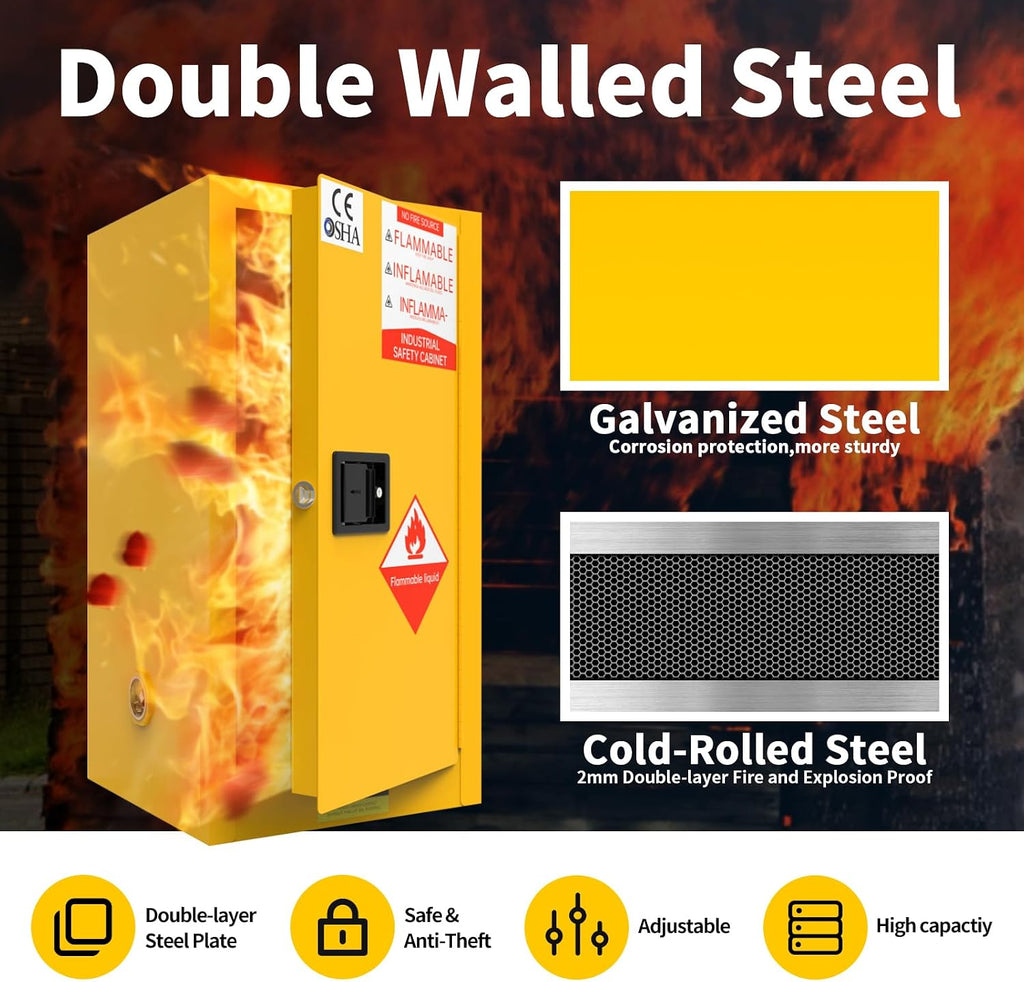 55 Gallon Flammable Cabinet, Galvanized Steel Flammable Storage Cabinet, Adjustable Shelf for Commercial Industrial Home Use 35H x 23W x 23D