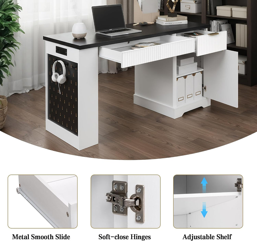RiteSune 55' Office Desk with USB Charging, Fluted Computer Desk with Pegboard, Convertible Keyboard Tray & Adjustable Storage Cabinet, Modern Home Office Desk