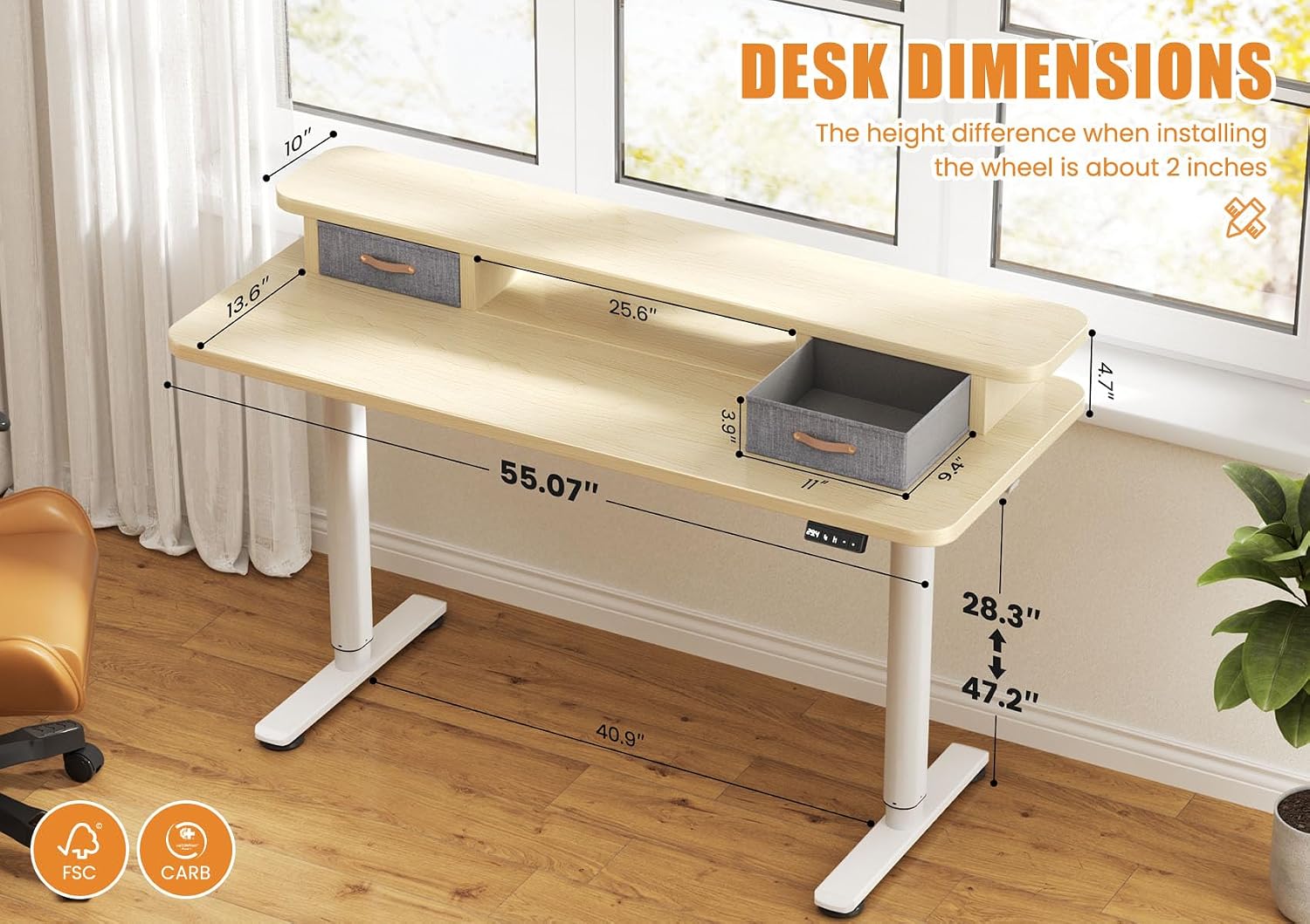Flycity Electric Standing Desk with Dual Drawers, 55' x 24' Height Adjustable Desk Sit Stand Desk with Memory Controller, Casters & 2 Hooks, Ergonomic Low Noise Home Office Desk, Maple