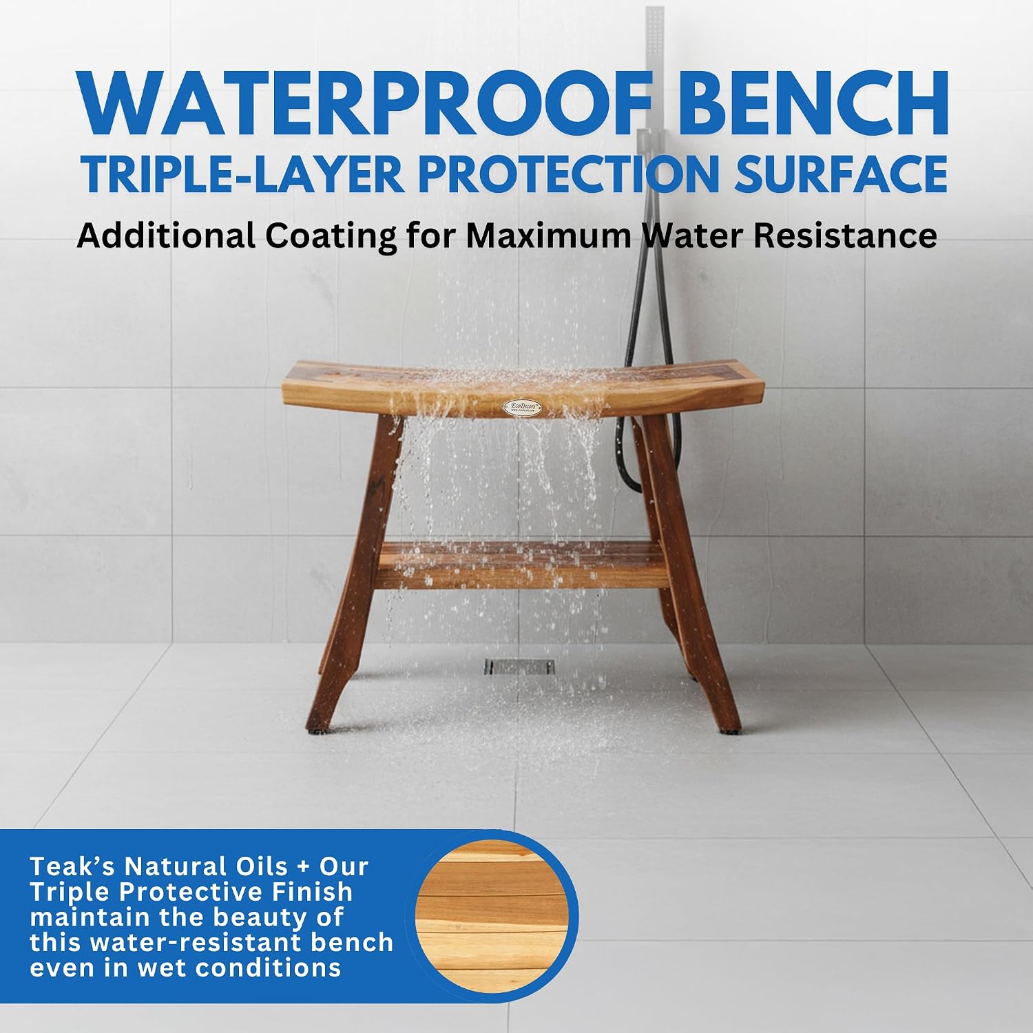 EcoDecors, 24 inch, Brown, Teak Shower Bench, Teak Bench Shower, Teak Shower Bench for Inside Shower, Teak Bathroom Bench, Teak Wood Shower Bench