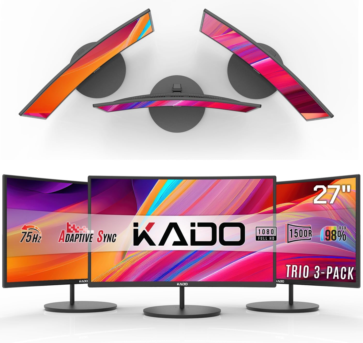 Kado Triple Monitor Setup - 3-Pack 27' Curved 1920x1080 Computer Monitor 1500R 75Hz VESA Mount HDMI Office Gaming Hybrid Built-in Speakers (C27X Trio Series)