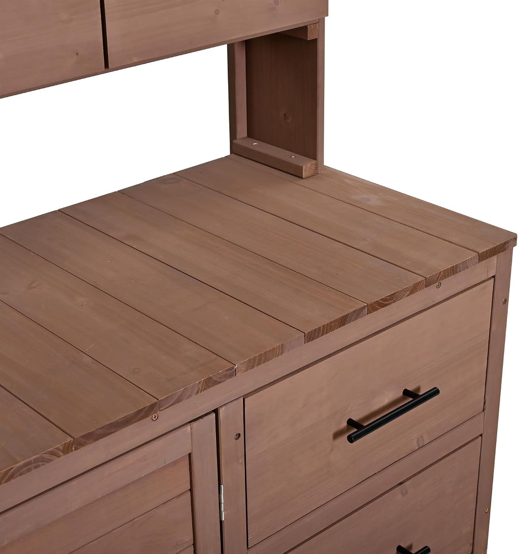 Farmhouse Patio Potting Bench, 44.6''x19.5'' Large Freestanding Garden Workstation with 6 Drawers and Side Hook, Outdoor Kitchen Island (Brown-2)