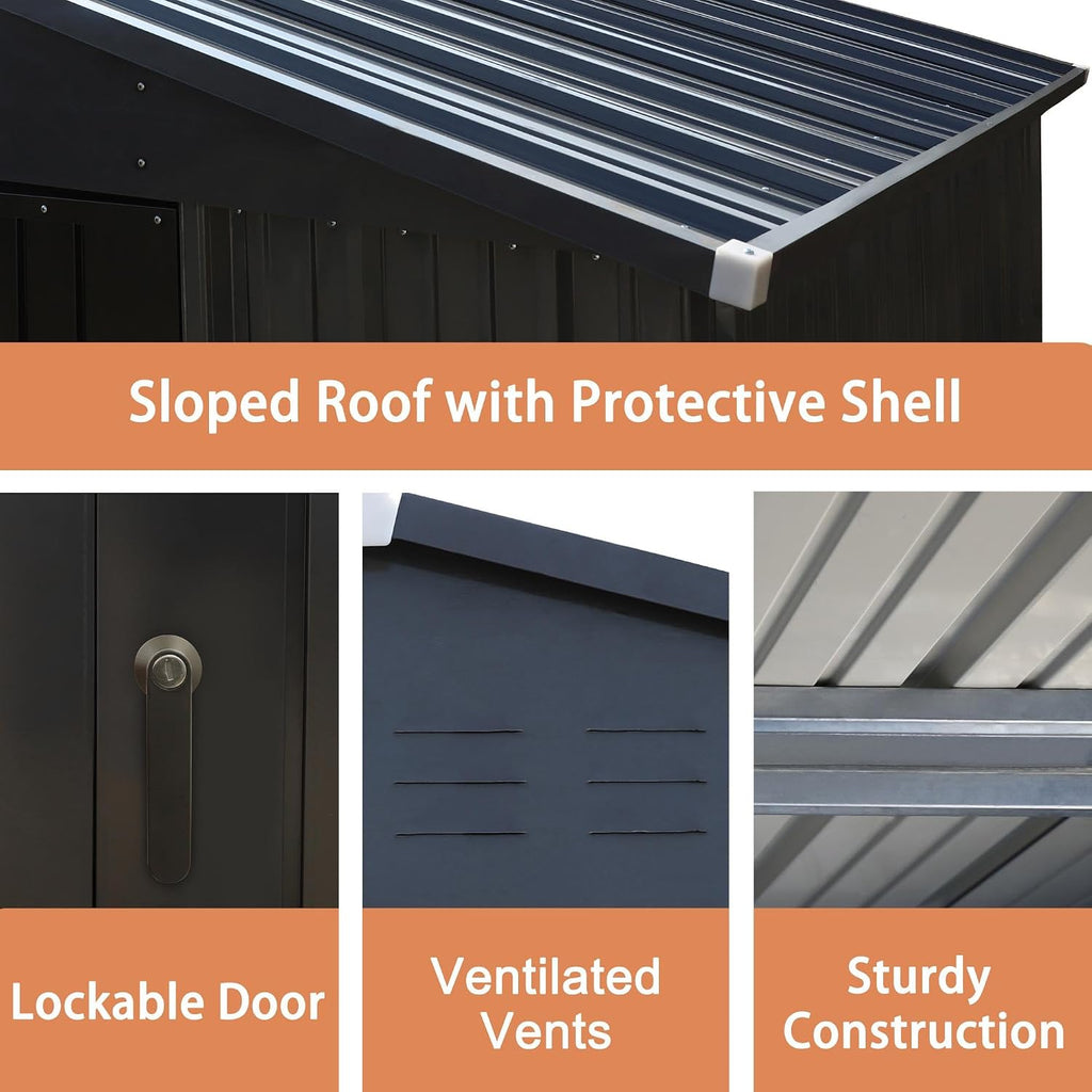 MUPATER 8ft x10 ft Outdoor Storage Shed, Patio Metal Storage Shed Kit with Lockable Doors & Vents, Garden Tools Storage House Galvanized Steel for Backyard, Lawn, Grey