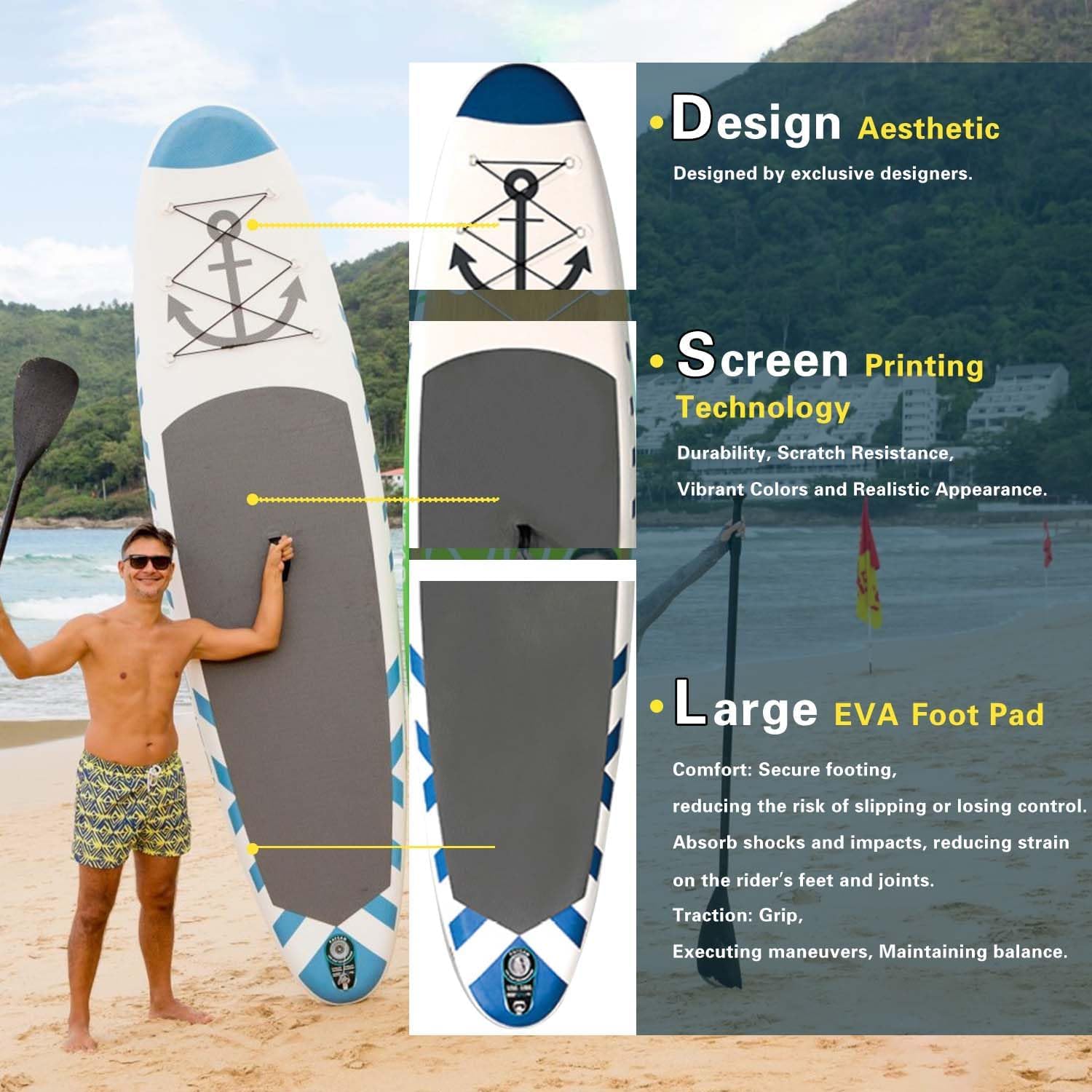 Inflatable Paddle Board,Stand Up Paddle Board,Anti-Slip EVA Deck,Complete SUP Accessories for All Skill Levels,Widened Paddleboard Equipped with Removable Fin, Hand Pump