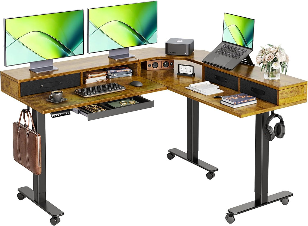 Claiks Dual Motor 63' L Shaped Standing Desk with Drawers, Electric Height Adjustable Standing Desk with Monitor Stand & Splice Board, Black Frame/Rustic Brown Top