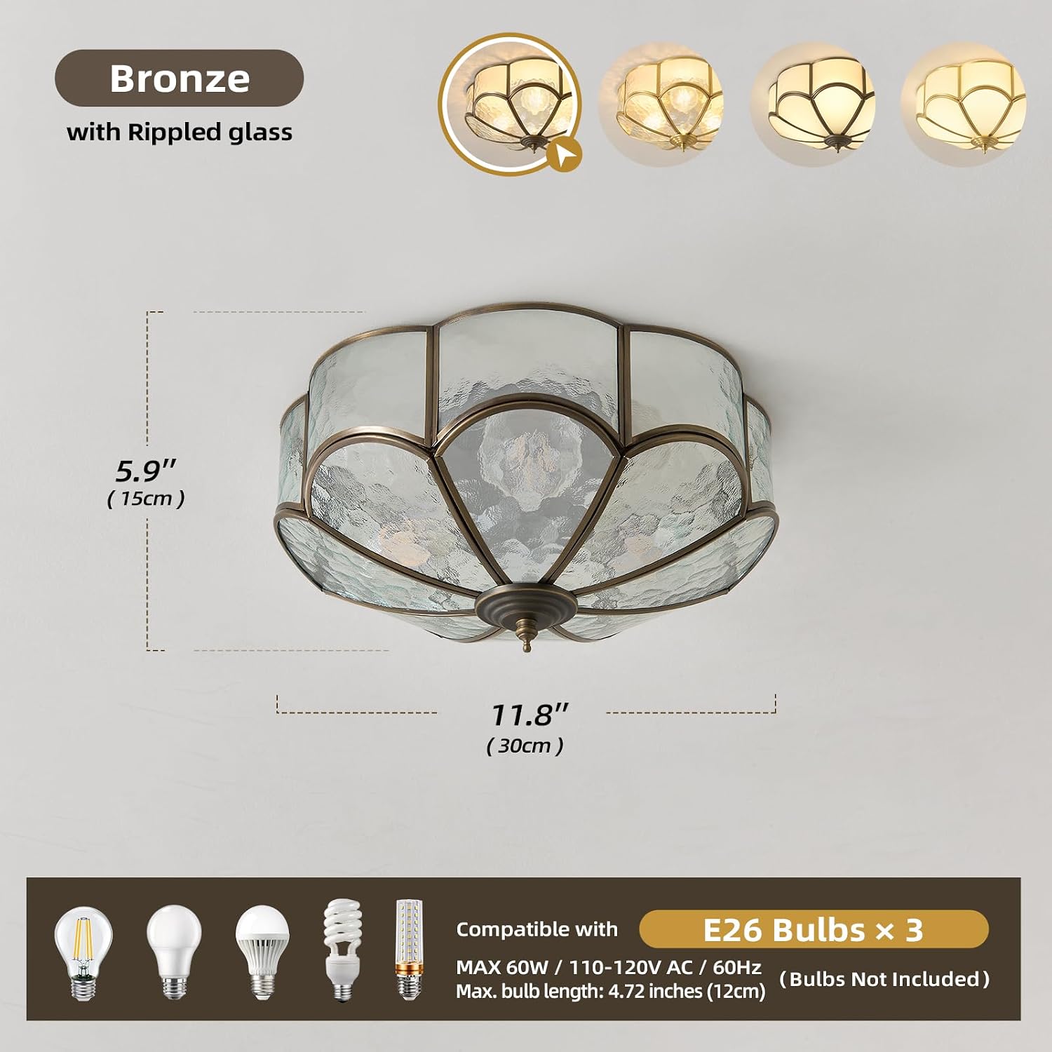 Vintage Black Glass Ceiling Light - Small 11.8 in Bronze Mid Century Flush Mount Lighting Fixtures - Art Deco Antique Modern Lamps for Hallway Bedroom Kitchen Entryway Farmhouse Bathroom Hall Laundry