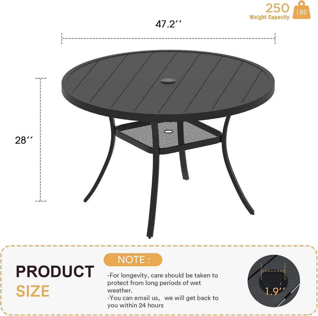 VICLLAX 47.2' Outdoor Round Patio Table for Lawn Garden, All Weather Metal Round Patio Dining Table with Adjustable Umbrella Hole, 6 Person Patio Table, Black Tabletop