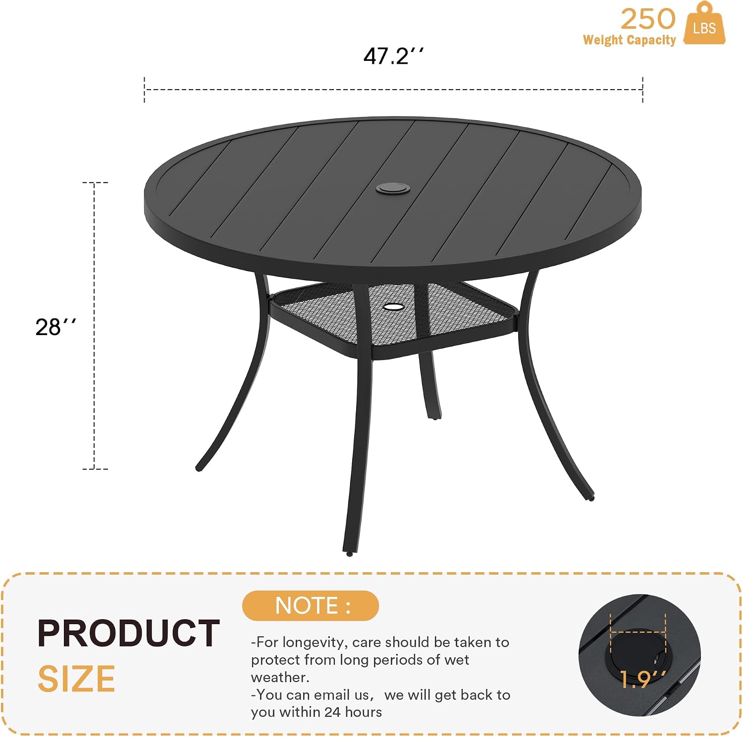 VICLLAX 47.2' Outdoor Round Patio Table for Lawn Garden, All Weather Metal Round Patio Dining Table with Adjustable Umbrella Hole, 6 Person Patio Table, Black Tabletop