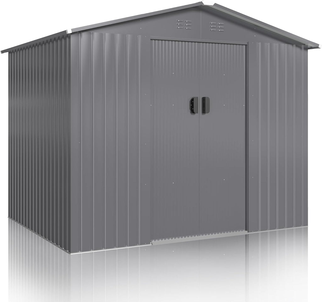 DAUSOLA 8x6 FT Outdoor Storage Shed, Metal Garden Tool Shed with Updated Frame Structure and Lockable Doors, Ideal for Backyard Garden Patio Lawn, Grey