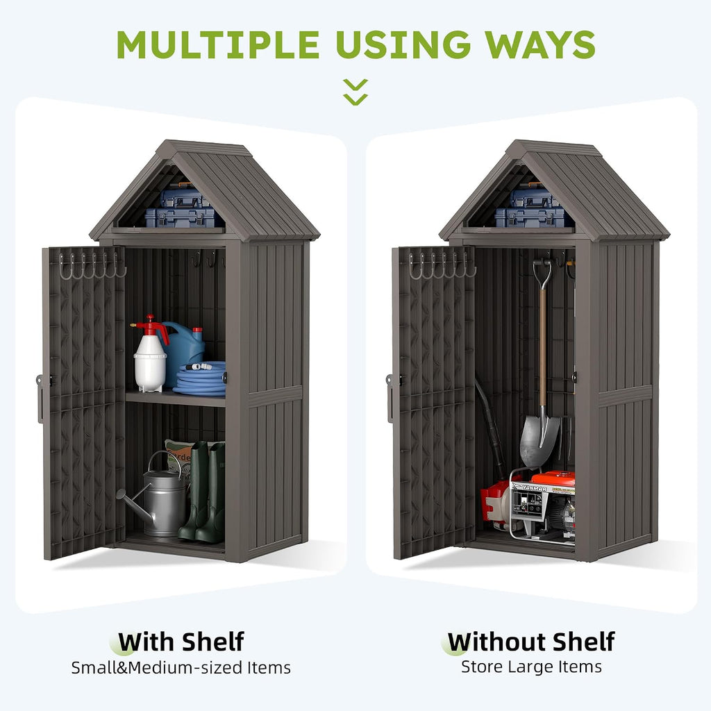 Vertical Outdoor Storage Shed, Waterproof Resin Outdoor Storage Cabinet with Removable Shelves & 12 Hooks, Lockable Small Tool Shed for Garden, Backyard, Patio, Pool, Gray