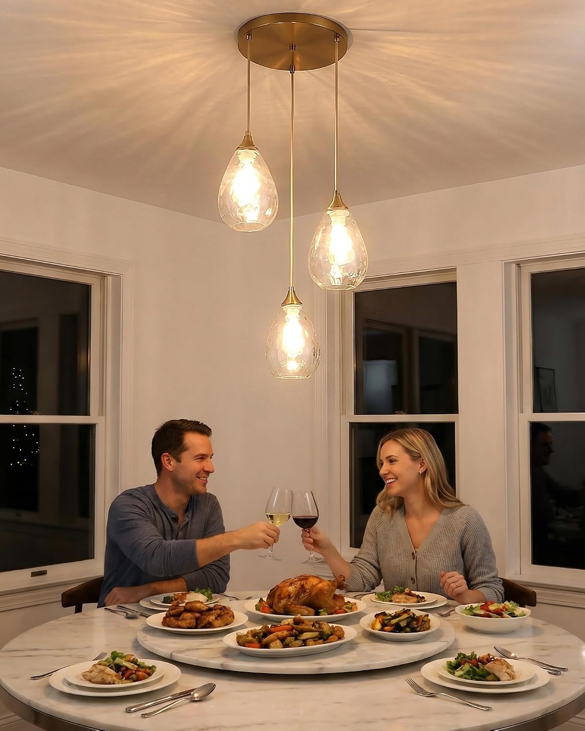 Brushed Gold 3-Light Pendant Lighting, Modern Dining Room Light Fixture Over Table with Hammered Glass, Cluster Hanging Lights for Kitchen Island Dining Room