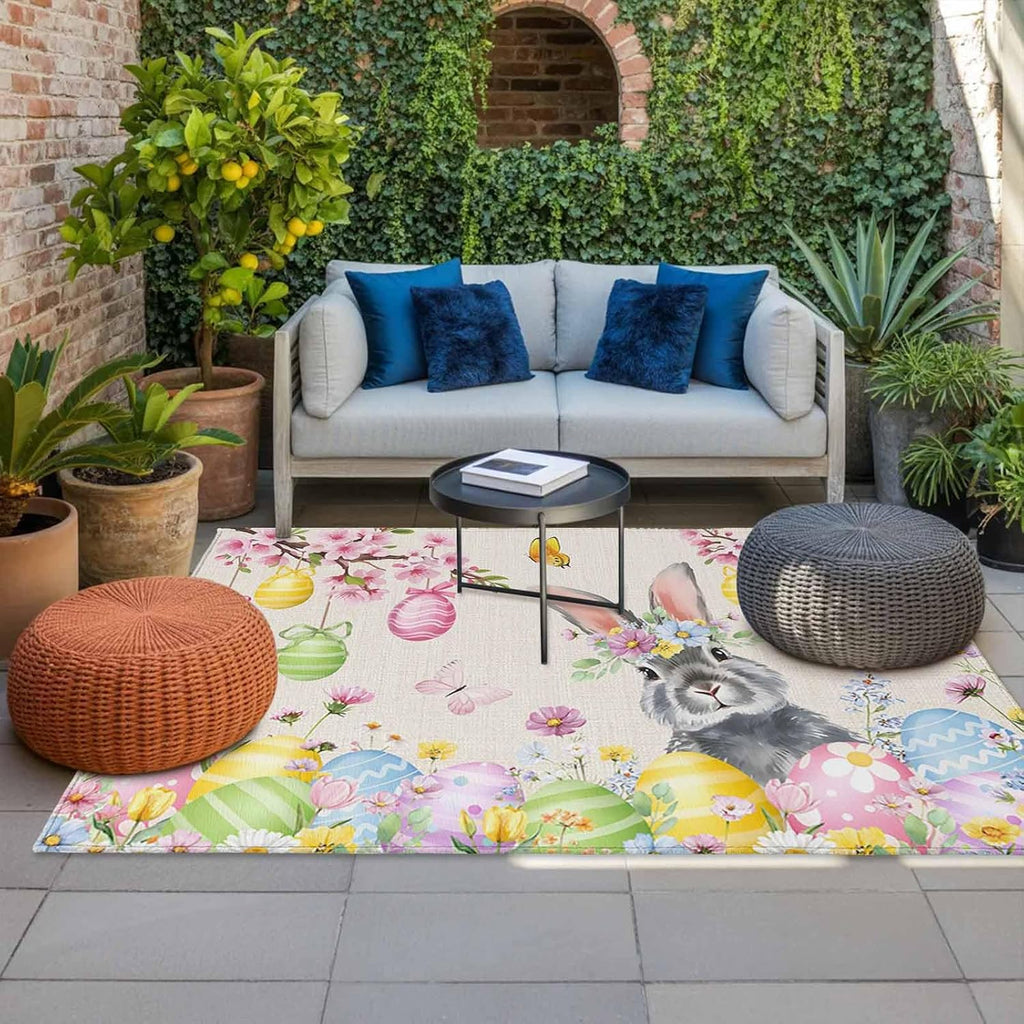 Easter Rabbits Outdoor Rug for Patio/Deck/Porch, Non-Slip Large Area Rug 6 x 9 Ft, Weeping Pink Peach Eggs Vintage Beige Spring Indoor Outdoor Rugs Washable Area Rugs, Camping Rug Carpet Runner
